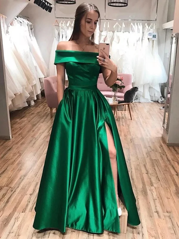 Off the Shoulder Green Satin Prom Dresses, Off Shoulder Green Satin Long Formal Evening Dresses Off the Shoulder Green Satin Prom Dresses, Off Shoulder Green Satin Long Formal Evening Dresses