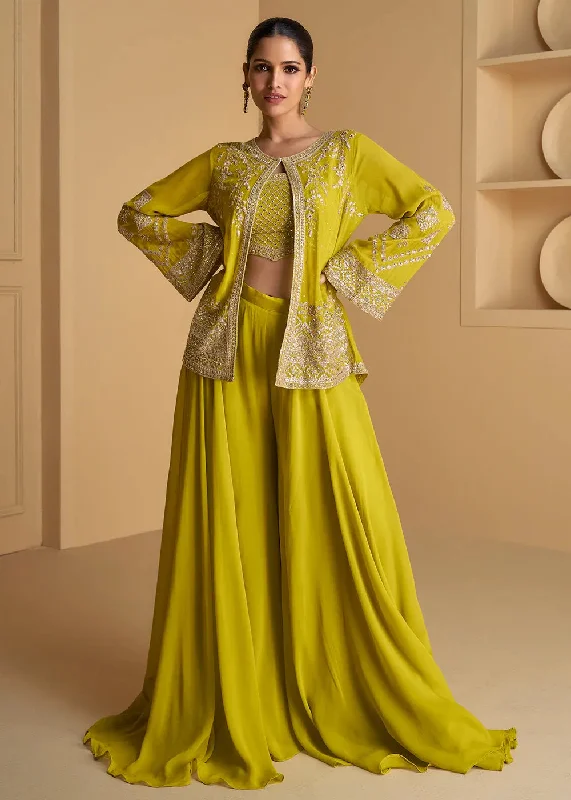 Chartreuse Green Georgette Top Palazzo Suit With Embroidered Jacket Fitted Jacket Loose Jacket Oversized Jacket Chartreuse Green Georgette Top Palazzo Suit With Embroidered Jacket Fitted Jacket Loose Jacket Oversized Jacket