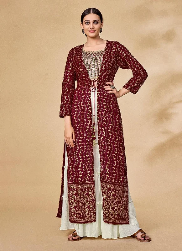 Ruffle Crop Top Sharara With Maroon Jacket Front Pockets Side Pockets Patch Pockets