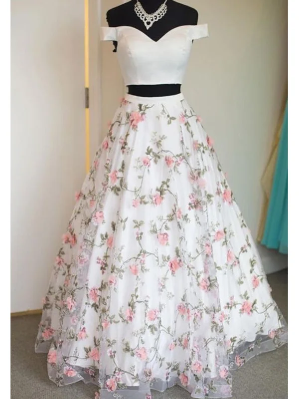 Off the Shoulder White Floral Prom Dresses, Off Shoulder White 3D Flower Long Formal Graduation Evening Dresses Off the Shoulder White Floral Prom Dresses, Off Shoulder White 3D Flower Long Formal Graduation Evening Dresses