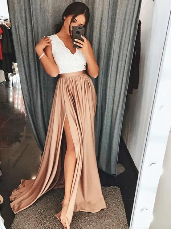Custom Made A Line Champagne Prom Dresses with White Lace Top, White Lace Formal Dresses, Champagne Graduation Dresses Custom Made A Line Champagne Prom Dresses with White Lace Top, White Lace Formal Dresses, Champagne Graduation Dresses