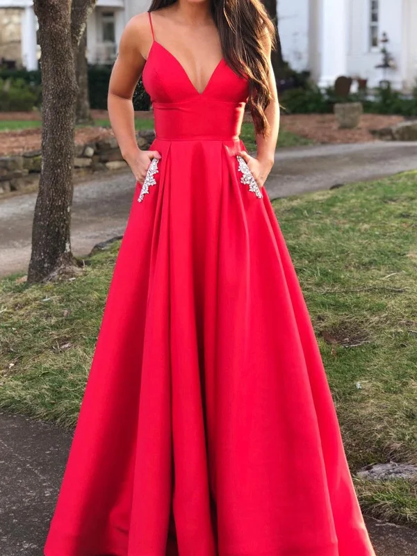 A Line V Neck Red Prom Dresses with Pockets, Red V Neck Formal Graduation Evening Dress with Pockets A Line V Neck Red Prom Dresses with Pockets, Red V Neck Formal Graduation Evening Dress with Pockets