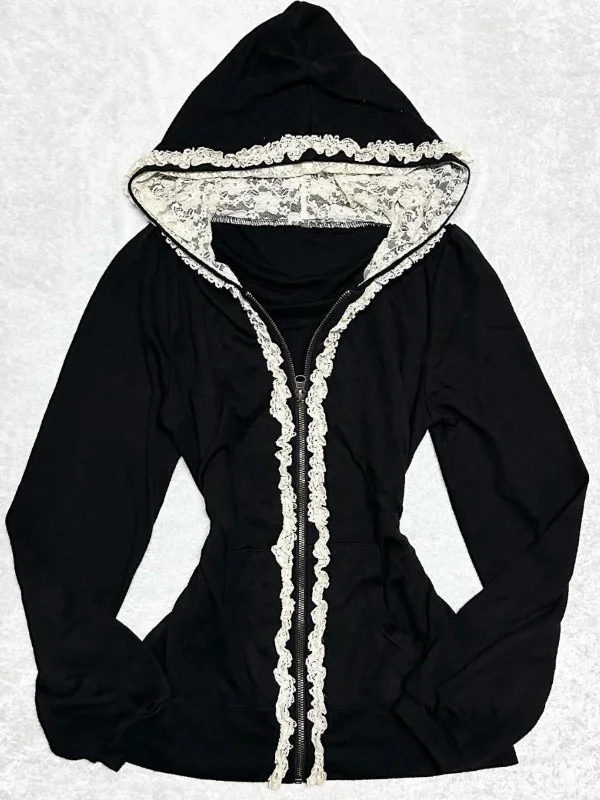 Original black lace splicing sweatshirt jacket for women autumn and winter Tailored Jacket Straight Jacket A-Line Jacket Original black lace splicing sweatshirt jacket for women autumn and winter Tailored Jacket Straight Jacket A-Line Jacket