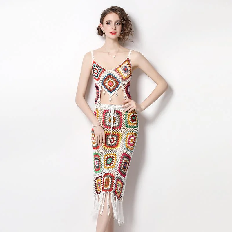 Bohemia Crochet Knitted Women Tank Tops and Skirts Suits fashionable tank top