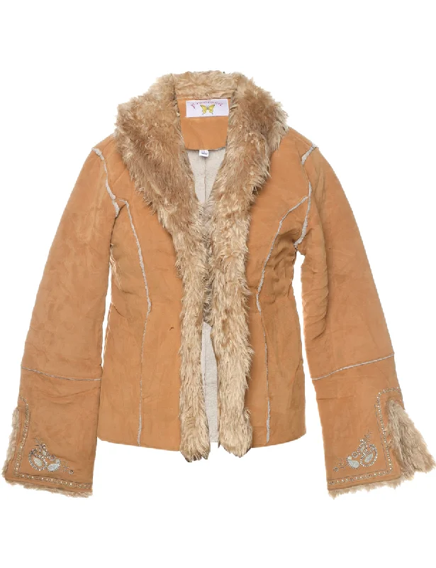 Light Brown Shearling Jacket - L Welt Pockets Slit Pockets Flap Pockets