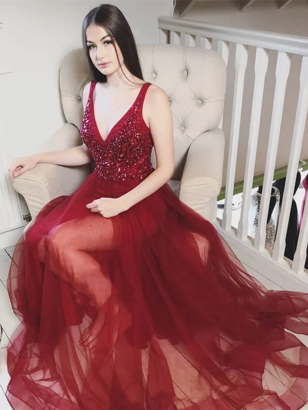 Burgundy V Neck Long Beaded Prom Dresses, Wine Red Long Formal Evening Dresses