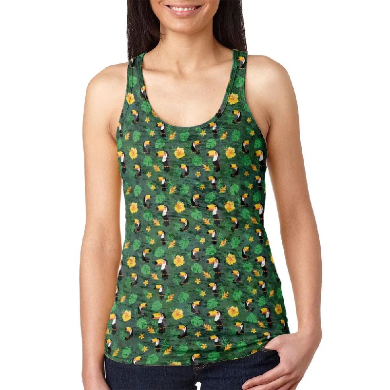 Tropical Toucan Rainforest Repeat Pattern Juniors Burnout Racerback Tank Top silver tank top