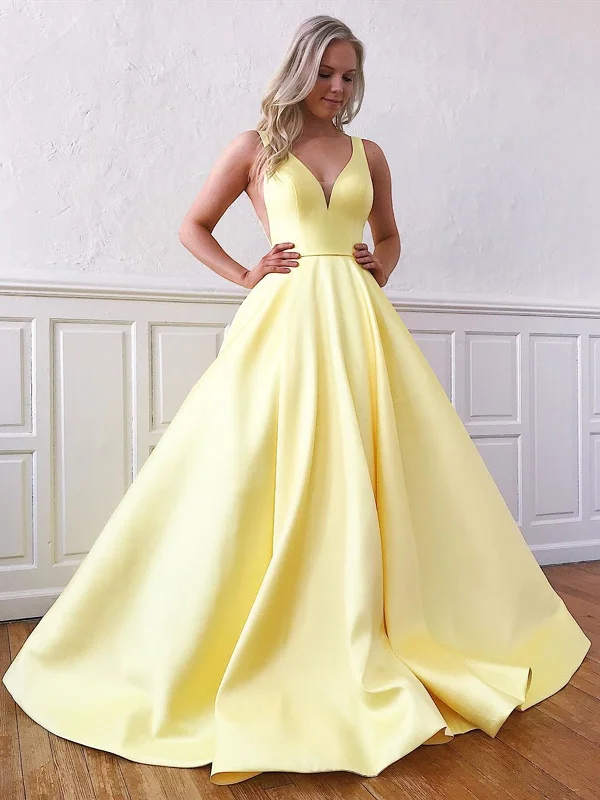 V Neck Yellow Satin Prom Dresses, V Neck Yellow Formal Evening Graduation Dresses