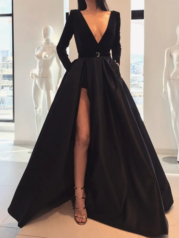 Custom Made A Line Deep V Neck Black Long Sleeves Prom Dresses With Leg Slit, Black V Neck Long Sleeves Formal Evening Dresses Custom Made A Line Deep V Neck Black Long Sleeves Prom Dresses With Leg Slit, Black V Neck Long Sleeves Formal Evening Dresses