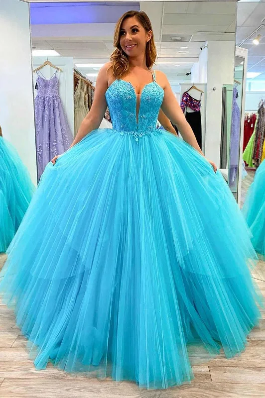 A-Line Lace Appliques Blue Prom Dress
