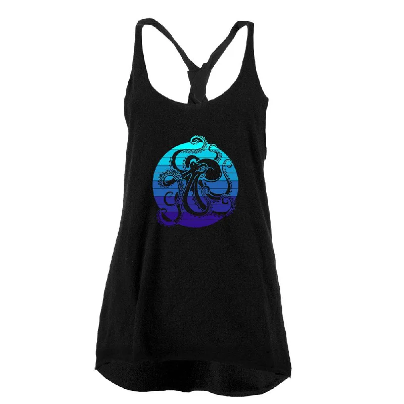 Kraken Octopus Ocean Retro Sunset Circle Juniors Twist Tank Top lemon yellow tank