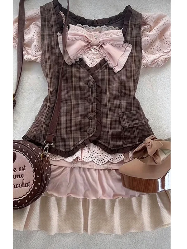 Bow Lace Top Pink Plaid Vest Jacket Fleece Jacket Down Jacket Feather Jacket