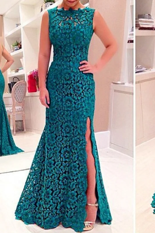 Scoop Lace Mermaid Evening Dresses With Slit Sweep Train