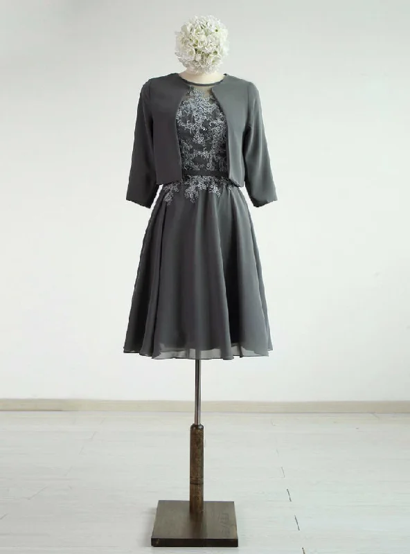 Grey Chiffon A-line Knee-Length Mother Of The Dress With Jacket Toggled Jacket Drawstring Jacket Belted Jacket Grey Chiffon A-line Knee-Length Mother Of The Dress With Jacket Toggled Jacket Drawstring Jacket Belted Jacket