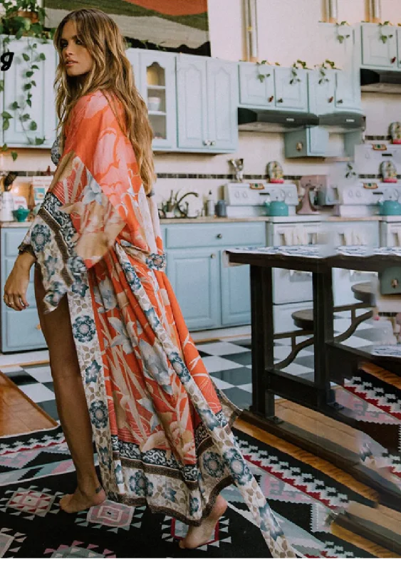 Kimono Orange Print Floral Loose Long Cardigan Fitted Loose Oversized
