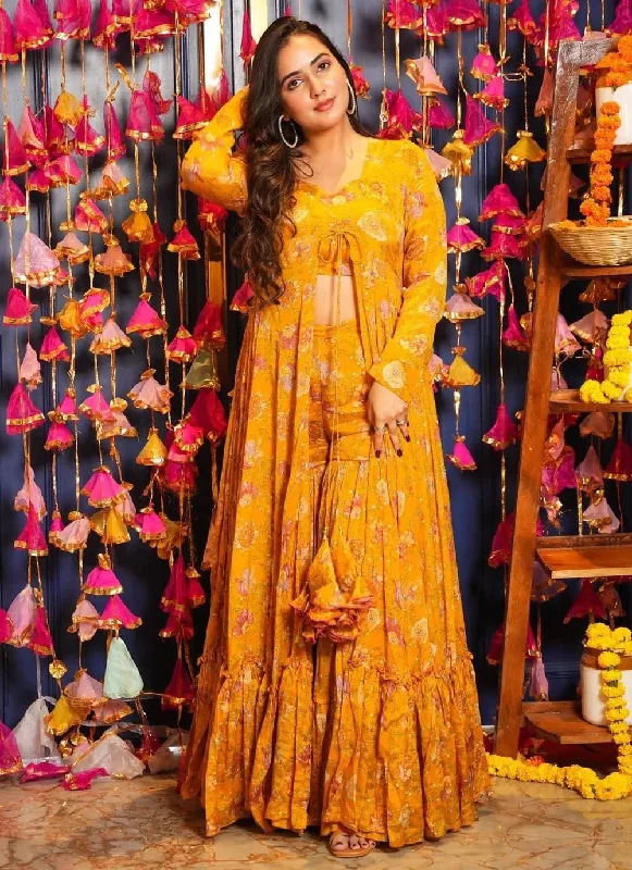 Yellow Heavy Chinon Floral Printed Jacket Style Top Sharara Suit Oversized Jacket Tailored Jacket Straight Jacket Yellow Heavy Chinon Floral Printed Jacket Style Top Sharara Suit Oversized Jacket Tailored Jacket Straight Jacket