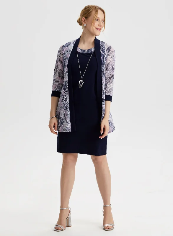 Feather Print Jacket, Dress & Necklace Set Herringbone Jacket Checkered Jacket Solid Jacket Feather Print Jacket, Dress & Necklace Set Herringbone Jacket Checkered Jacket Solid Jacket