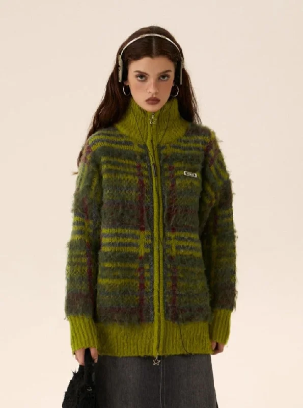 Mohair Knit Zipper Cardigan Sweater Coat Glossy Satin Silk