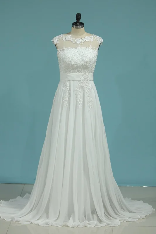 Scoop Prom Dresses A Line Chiffon With Applique Sweep Train