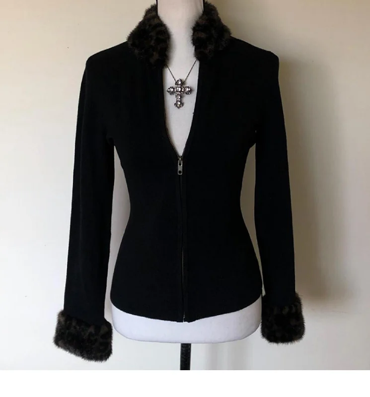 Original black fur collar jacket for women Boat Neck Shawl Collar Notched Collar