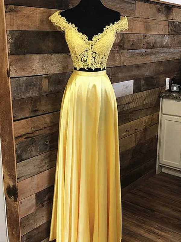 Off the Shoulder 2 Pieces Yellow Lace Prom Dresses, Two Pieces Off Shoulder Yellow Lace Formal Evening Dresses Off the Shoulder 2 Pieces Yellow Lace Prom Dresses, Two Pieces Off Shoulder Yellow Lace Formal Evening Dresses