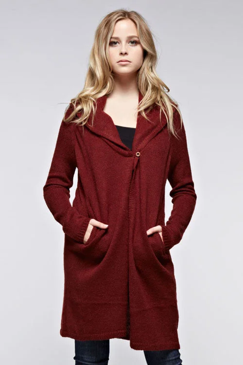 Long Sweater Cardigan W/ Wooden Button Houndstooth Herringbone Solid