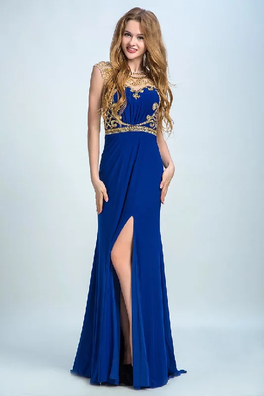 Scoop Neckline Column Beaded Bodice Prom Dresses With Court Train & Slit