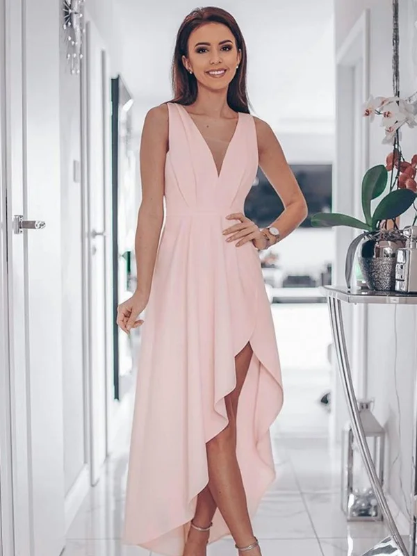 Pink V Neck High Low Prom Dresses, Pink High Low Graduation Formal Dresses