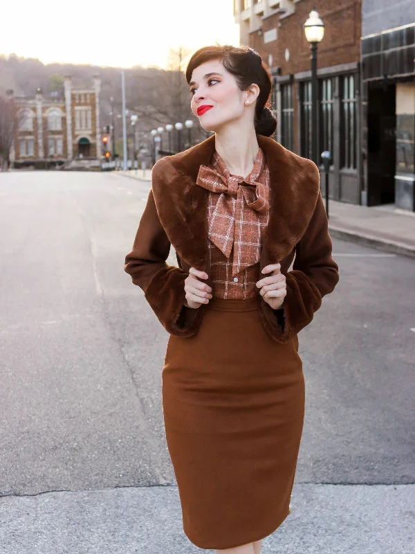 2PCS Brown Bolero Jacket & Plaid Pencil Dress Satin Jacket Silk Jacket Chiffon Jacket