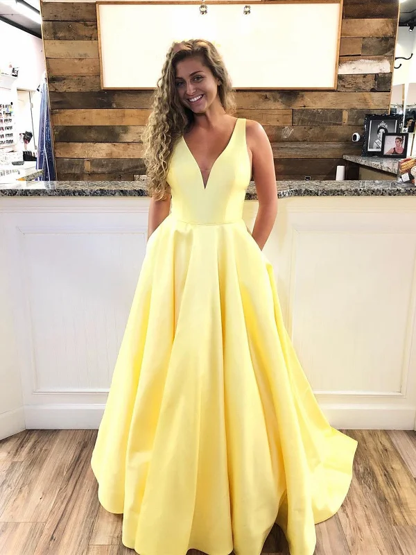 A Line V Neck Yellow Prom Dresses, Yellow V Neck Formal Graduatio Evening Dresses