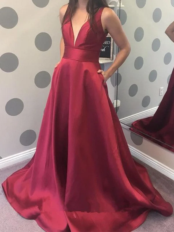 A Line V Neck Burgundy Prom Dress with Pocket, Burgundy V Neck Formal Evening Graduation Dresses A Line V Neck Burgundy Prom Dress with Pocket, Burgundy V Neck Formal Evening Graduation Dresses
