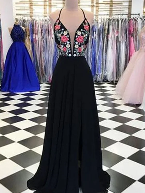 A Line V Neck Black Floral Prom Dresses, Black V Neck Floral Formal Dresses, Evening Dresses A Line V Neck Black Floral Prom Dresses, Black V Neck Floral Formal Dresses, Evening Dresses