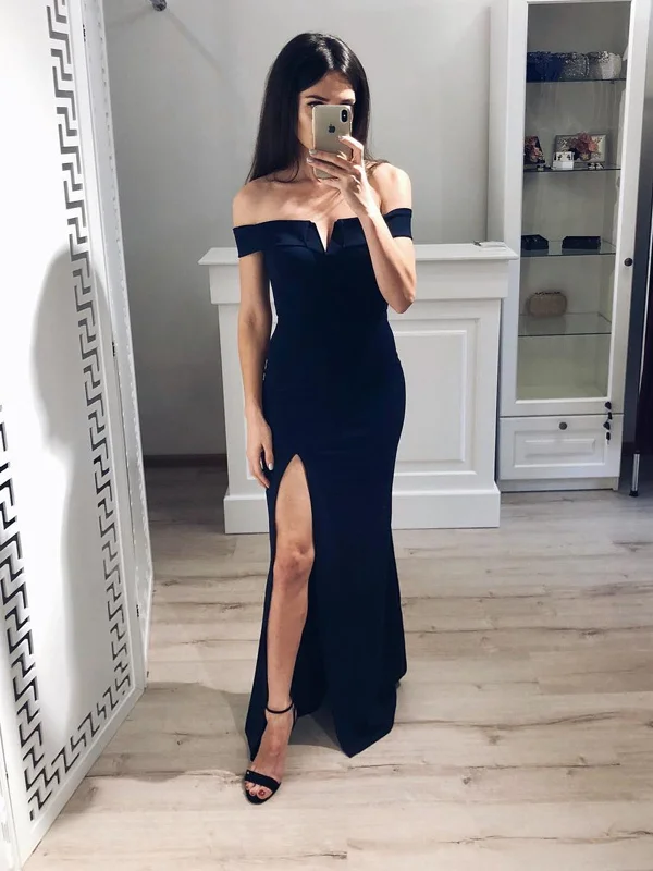 Floor Length Off Shoulder Black Prom Dresses, Off Shoulder Black Floor Length Evening Formal Graduation Dresses with Leg Slit Floor Length Off Shoulder Black Prom Dresses, Off Shoulder Black Floor Length Evening Formal Graduation Dresses with Leg Slit