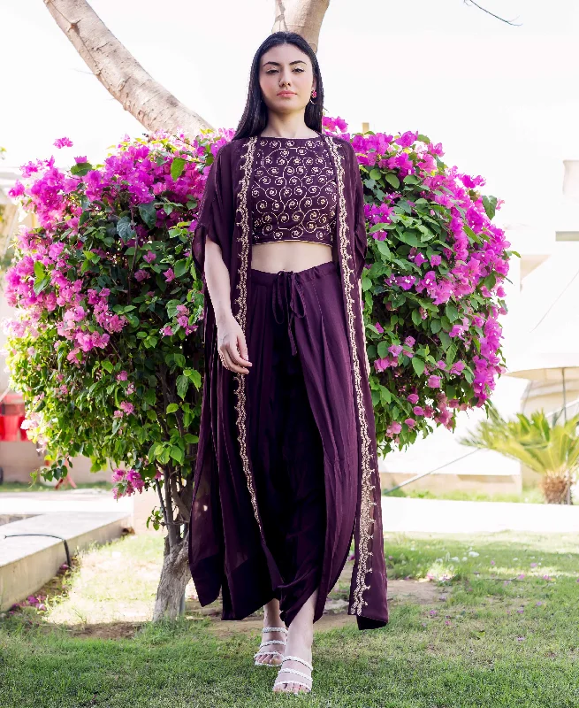 Wine Dori Embroidered Dhoti and Jacket Set Cotton Fabric Linen Fabric Terry Fabric