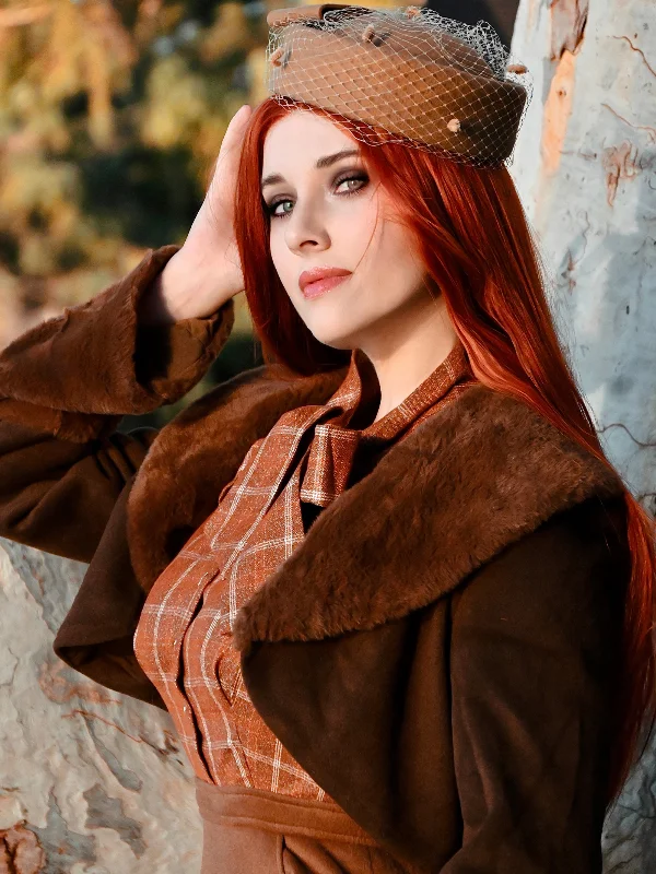Brown 1950s Retro Fur Collar Bolero Jacket Welt Pockets Slit Pockets Flap Pockets
