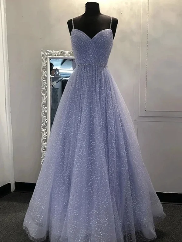 A Line V Neck Purple Tulle Prom Dresses, V Neck Purple Tulle Formal Evening Dresses