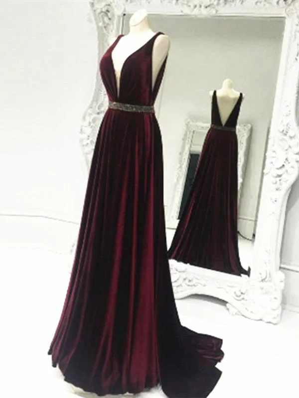 A Line V Neck Burgundy Sweep Train Prom Dresses, V Neck Formal Dresses