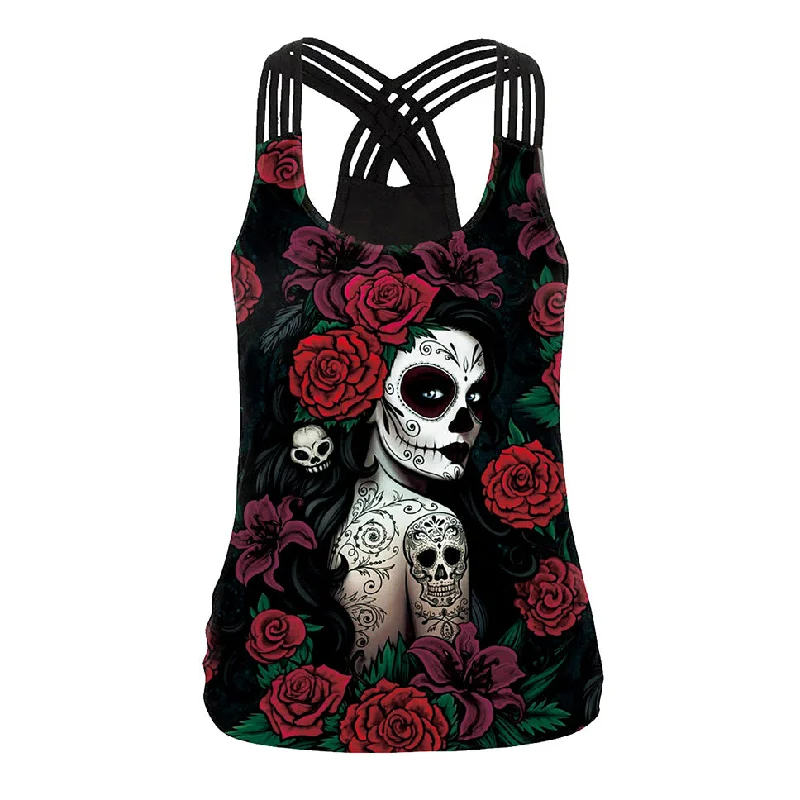 Summer 3d Human Skeleton Print Tank Tops for Women high neck tank