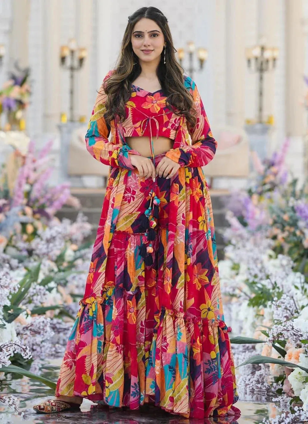 Multicolored Heavy Chinon Floral Printed Jacket Style Sharara Set Belted Jacket Elasticated Jacket Padded Jacket Multicolored Heavy Chinon Floral Printed Jacket Style Sharara Set Belted Jacket Elasticated Jacket Padded Jacket