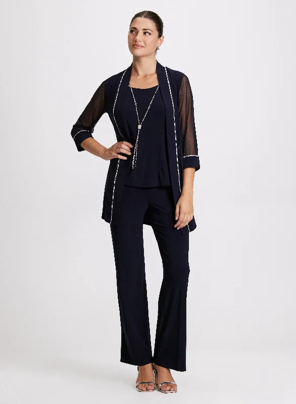 Camisole, Pants & Rhinestone Jacket Set Notch Collar Peter Pan Collar Cowl Neck