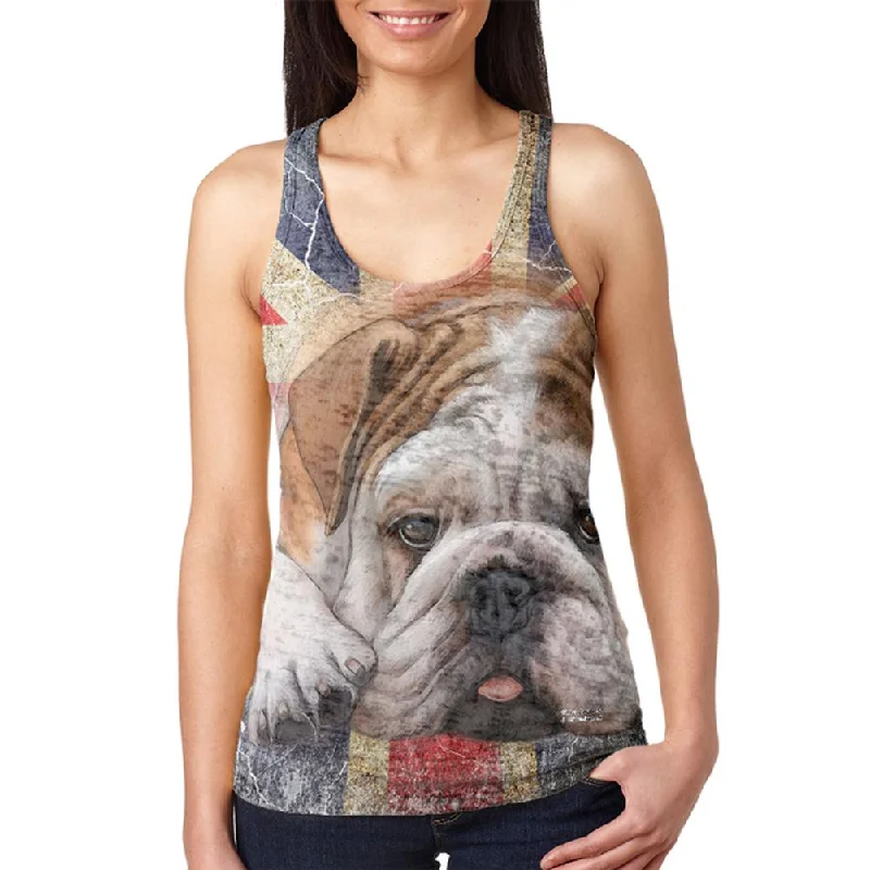 English Bulldog Union Jack Flag Live Forever Juniors Burnout Racerback Tank Top slim fit tank