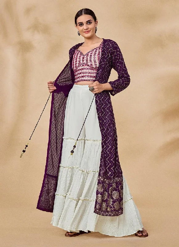 Ruffle Crop Top Sharara With Purple Jacket Knit Fabric Woven Fabric Fleece Fabric