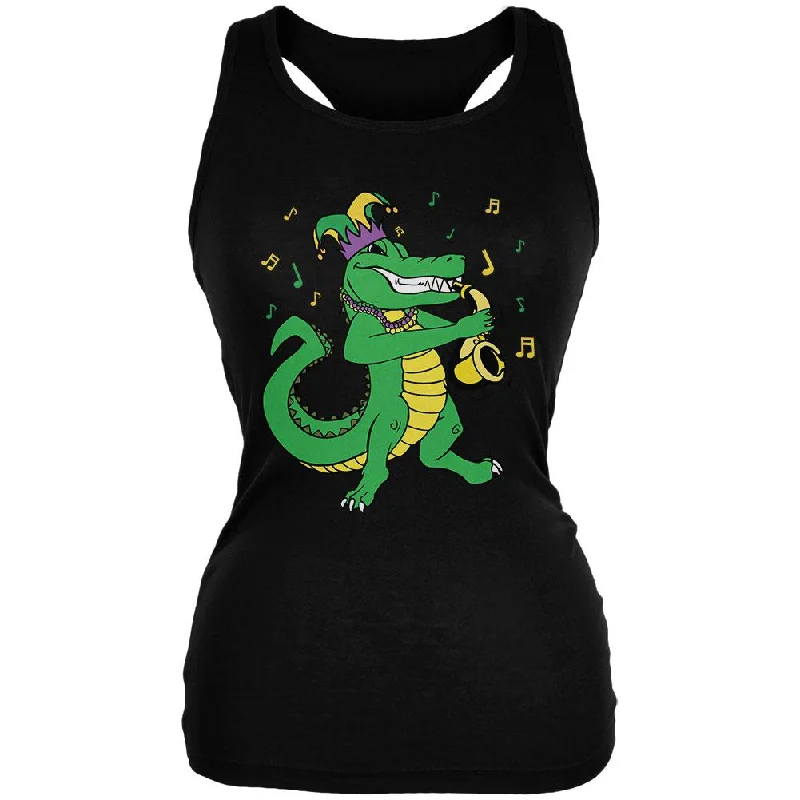 Mardi Gras Alligator Playing Saxaphone Jester Jazz Juniors Soft Tank Top metallic tank top