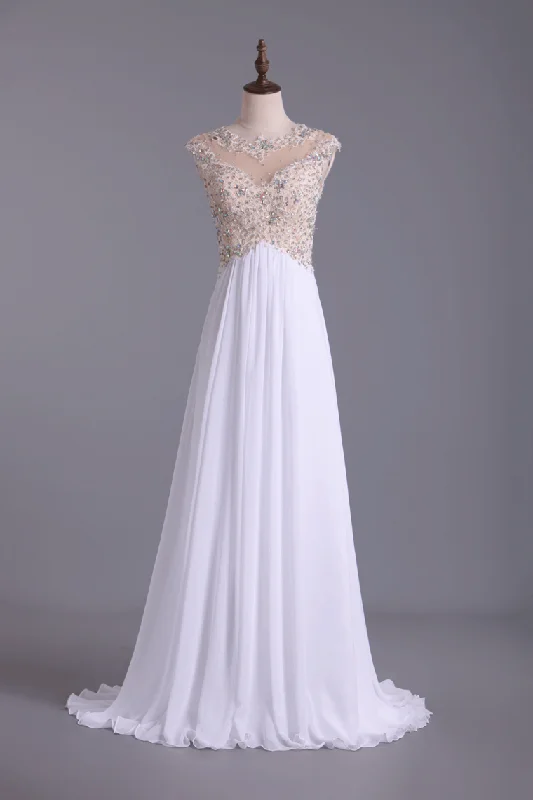 Scoop Neckline Off The Shoulder Prom Dresses White Floor Length Chiffon With Gold Embroidery Scoop Neckline Off The Shoulder Prom Dresses White Floor Length Chiffon With Gold Embroidery