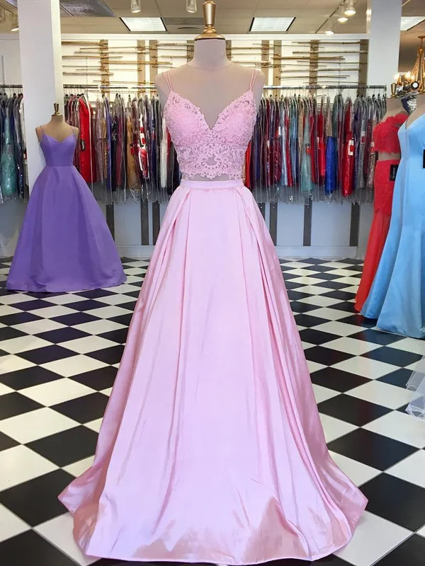 A Line V Neck 2 Pieces Pink Lace Prom Dresses, Pink 2 Pieces Lace Formal Graduation Evening Dresses A Line V Neck 2 Pieces Pink Lace Prom Dresses, Pink 2 Pieces Lace Formal Graduation Evening Dresses