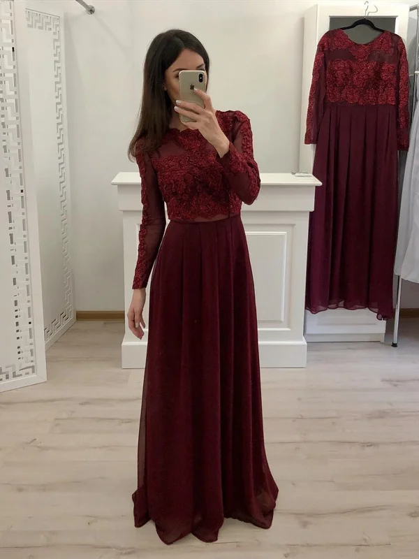 Round Neck Long Sleeves Burgundy Lace Prom Dresses, Long Sleeves Burgundy Lace Formal Evening Dresses Round Neck Long Sleeves Burgundy Lace Prom Dresses, Long Sleeves Burgundy Lace Formal Evening Dresses