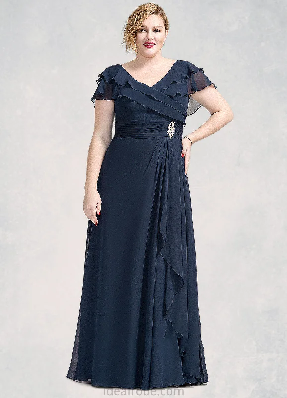 Aurora A-Line V-neck Floor-Length Chiffon Mother of the Bride Dress With Crystal Brooch Cascading Ruffles STK126P0014796 Aurora A-Line V-neck Floor-Length Chiffon Mother of the Bride Dress With Crystal Brooch Cascading Ruffles STK126P0014796