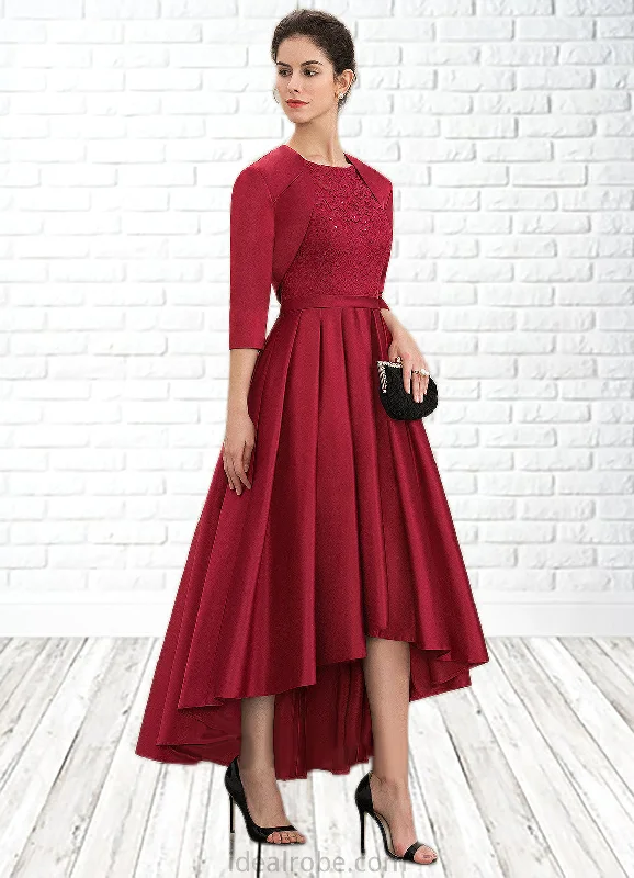 Yazmin A-Line Scoop Neck Asymmetrical Satin Lace Mother of the Bride Dress With Sequins STK126P0014752 Yazmin A-Line Scoop Neck Asymmetrical Satin Lace Mother of the Bride Dress With Sequins STK126P0014752