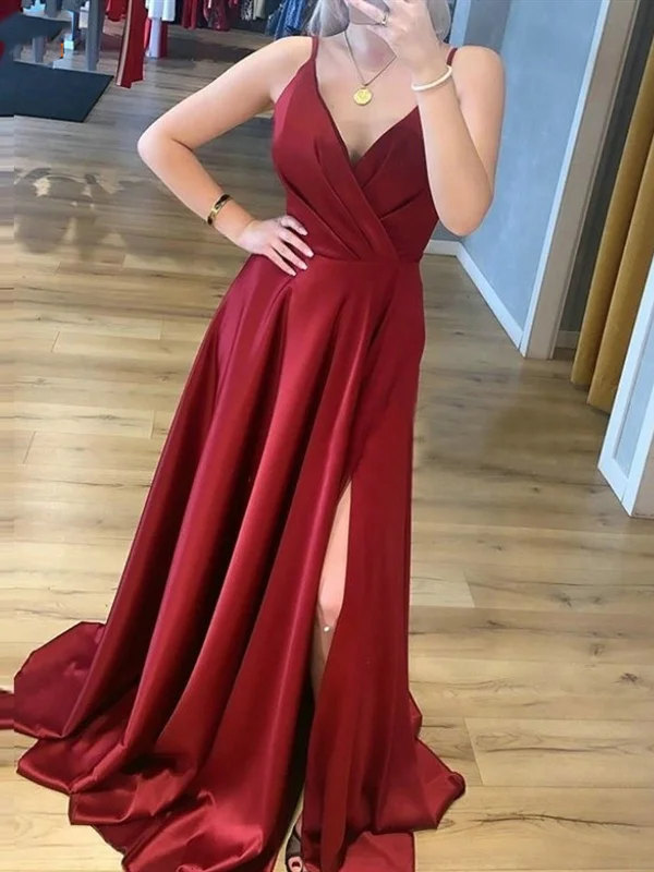 A Line V Neck Burgundy Satin Long Prom Dresses, Wine Red Satin Formal Evening Dresses