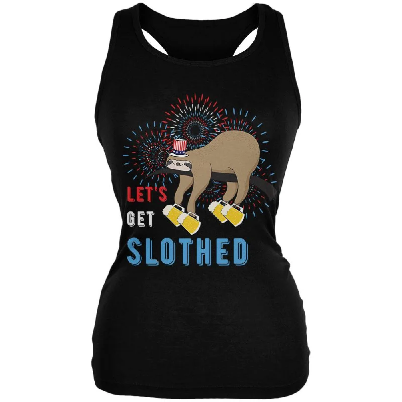 4th of July Beer Drinking Sloth Let's Get Slothed Juniors Soft Tank Top crew neck tank